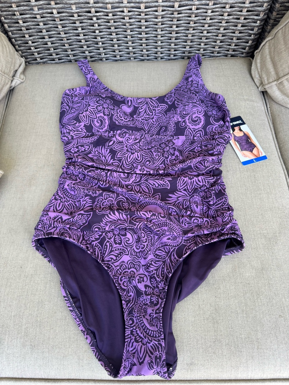Lands’ End, Purple, Floral, One-Piece Swimsuit with Ruching, Size Large